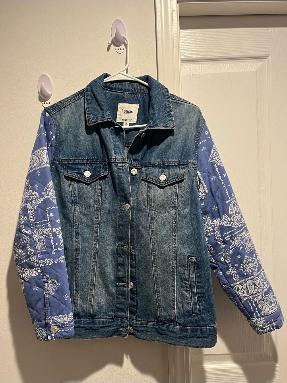 Kensie Two-Tone Denim Jacket with Blue Bandana Sleeves